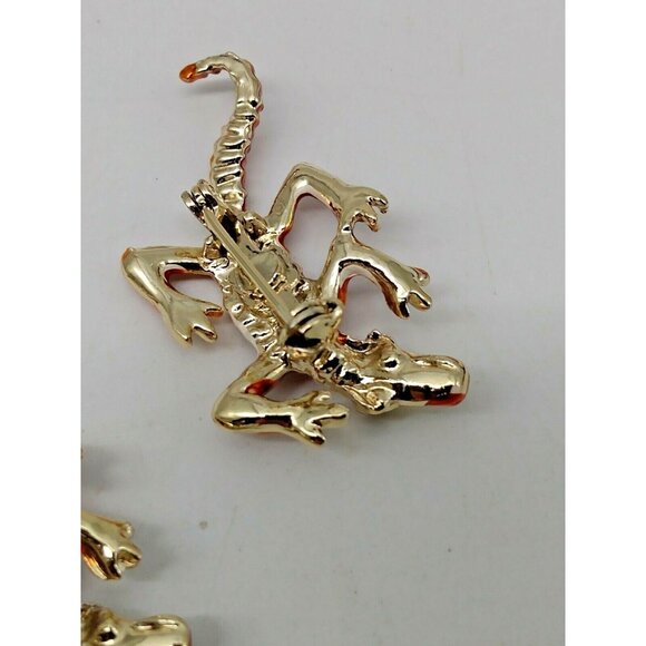 Alligator Crocodile Red & Orange Enamel Gold Tone Metal Reptile Brooches(2) - Picture 7 of 8